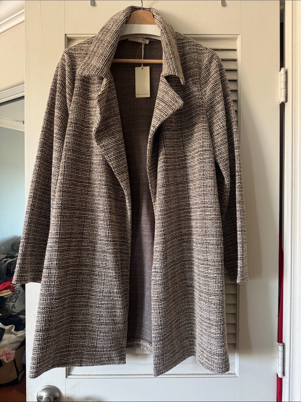 MELLODAY Brown Tweed Open-Front Trench Coat